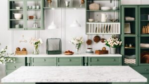 Kitchen with green cabinets, white walls, and white marbled countertops