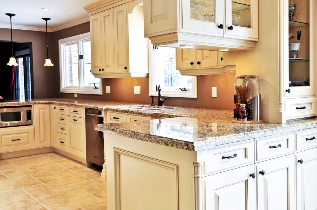 A modern luxury kitchen with granite countertops