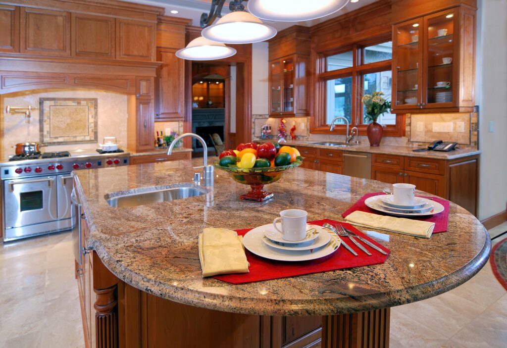 Close up of granite kitchen counter with breakfast plates