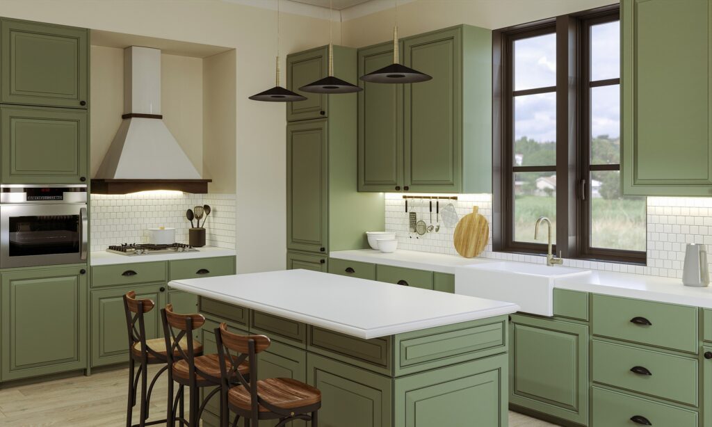 Modern style kitchen with light counter top with sink, hob, oven, kitchen utensils. 